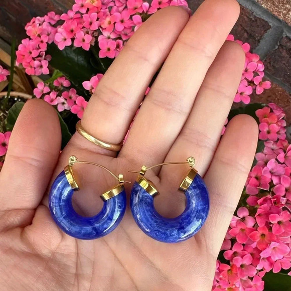 Blue 18K Gold Stainless Steel Hoop Earrings - Picture 5 of 12